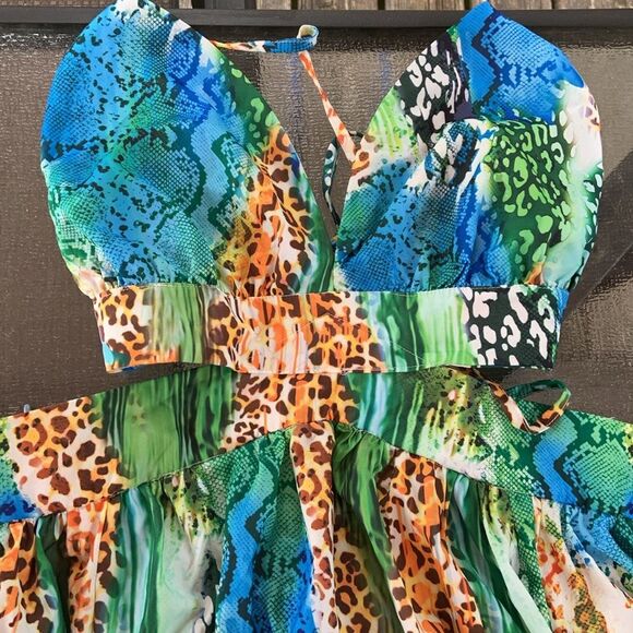 SHEIN Leopard Snakeskin Print Cut Out Tie Back Slit Maxi Dress 2XL Resortwear - Picture 3 of 5